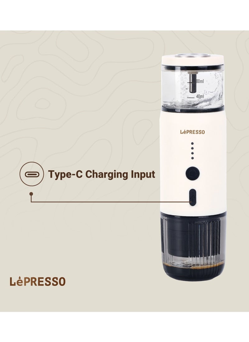LePRESSO - Portable Espresso Coffee Machine with 15 Bar Pressure and Temperature Gauge Coffee Maker / 80ml Water Tank / Heating Extraction / Capsule & Powder - White - Image 1