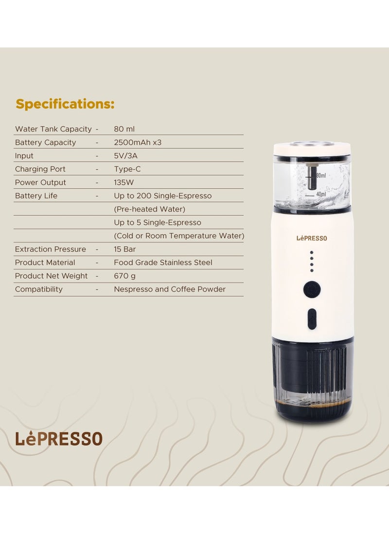 LePRESSO - Portable Espresso Coffee Machine with 15 Bar Pressure and Temperature Gauge Coffee Maker / 80ml Water Tank / Heating Extraction / Capsule & Powder - White - Image 1