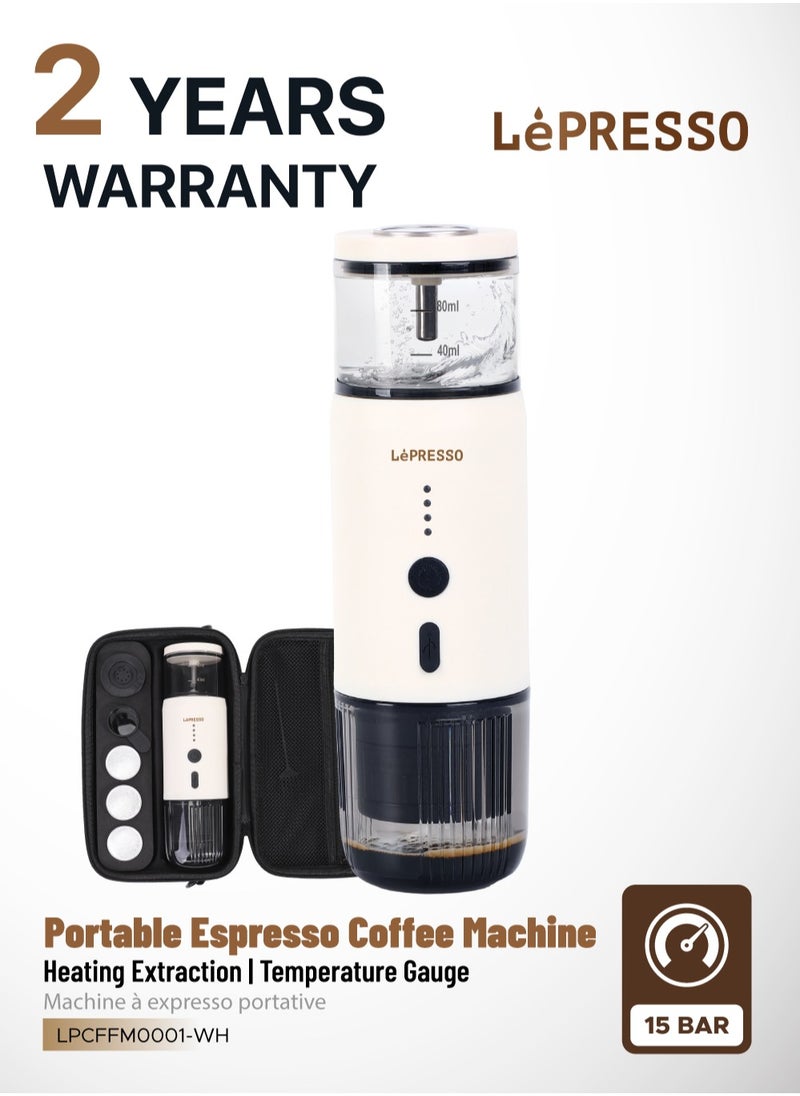 LePRESSO Portable Espresso Coffee Machine with 15 Bar Pressure and Temperature Gauge Coffee Maker / 80ml Water Tank / Heating Extraction / Capsule & Powder - White  - Image 1
