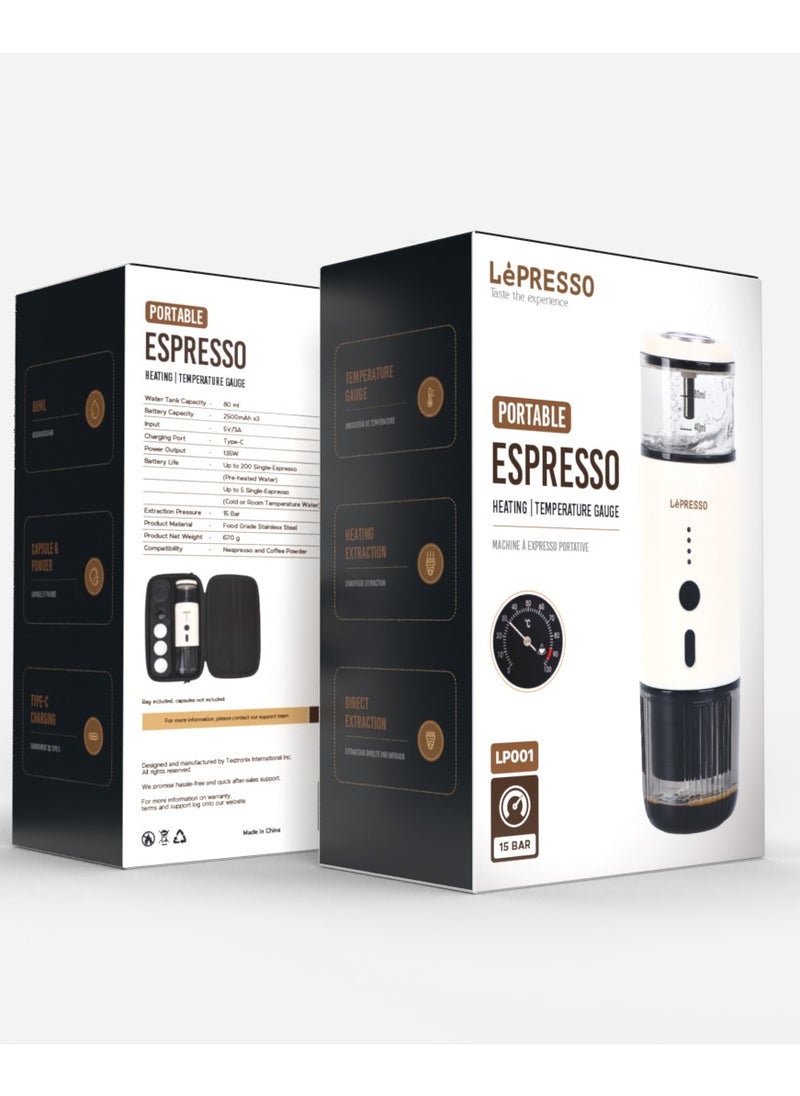 LePRESSO - Portable Espresso Coffee Machine with 15 Bar Pressure and Temperature Gauge Coffee Maker / 80ml Water Tank / Heating Extraction / Capsule & Powder - White - Image 1