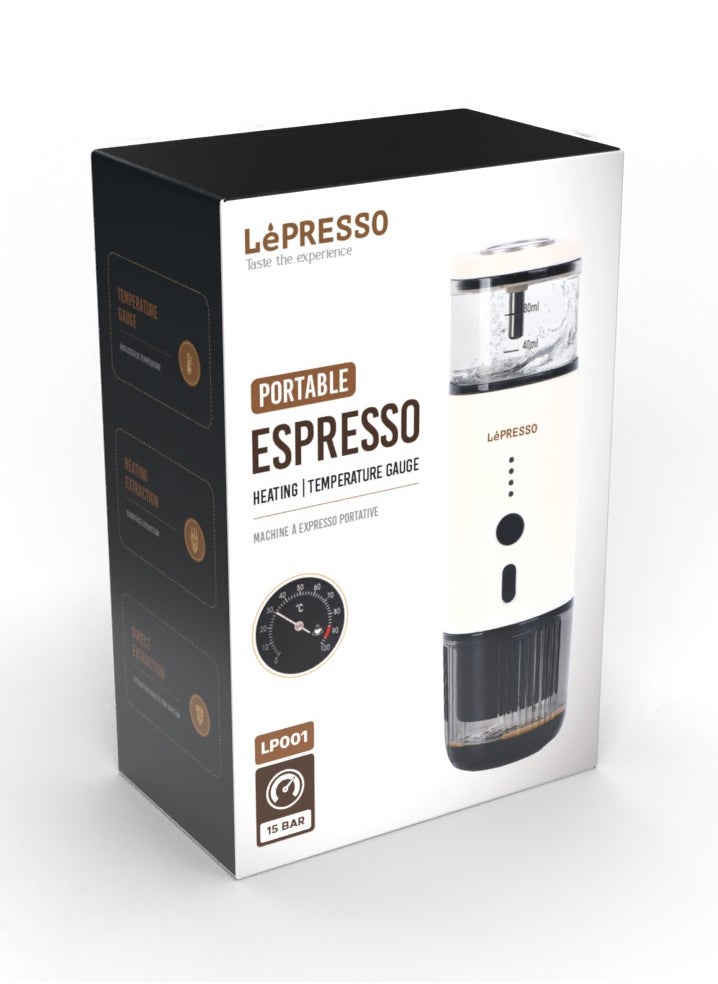 LePRESSO - Portable Espresso Coffee Machine with 15 Bar Pressure and Temperature Gauge Coffee Maker / 80ml Water Tank / Heating Extraction / Capsule & Powder - White - Image 1