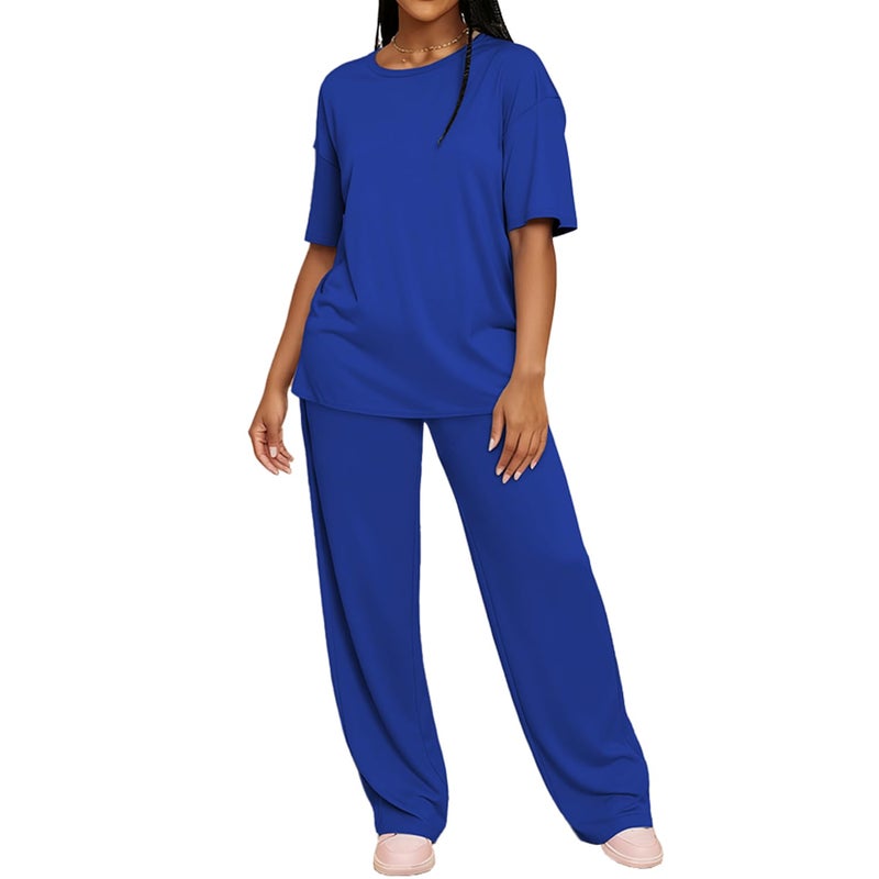 HBQ Women's 2 Piece Outfits Loose Fit Tops Wide Leg Pants Short Sleeve Lounge Matching Sets Sweatsuits-Royal Blue-L - Image 1