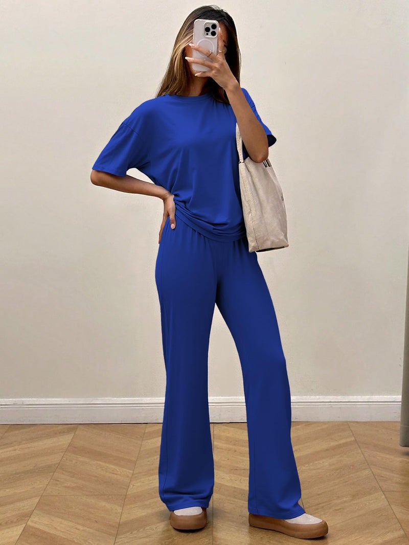 HBQ Women's 2 Piece Outfits Loose Fit Tops Wide Leg Pants Short Sleeve Lounge Matching Sets Sweatsuits-Royal Blue-L - Image 4