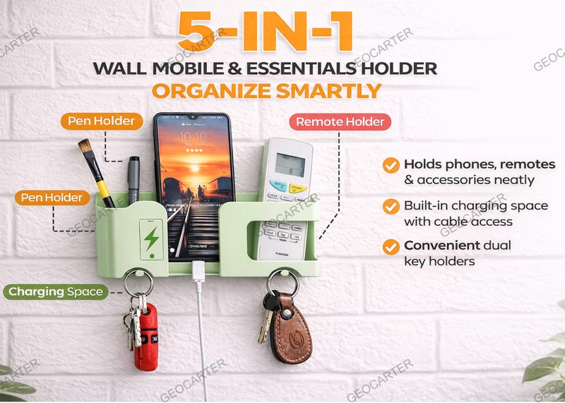 GEOCARTER Wall Mobile Holder | Multi-Purpose Mobile Stand for Wall | Remote Holder & Mobile Charging Stand | Phone Stand for Charging | Kitchen Organizer Rack Mounted | Useful Gadget-Green - Image 2
