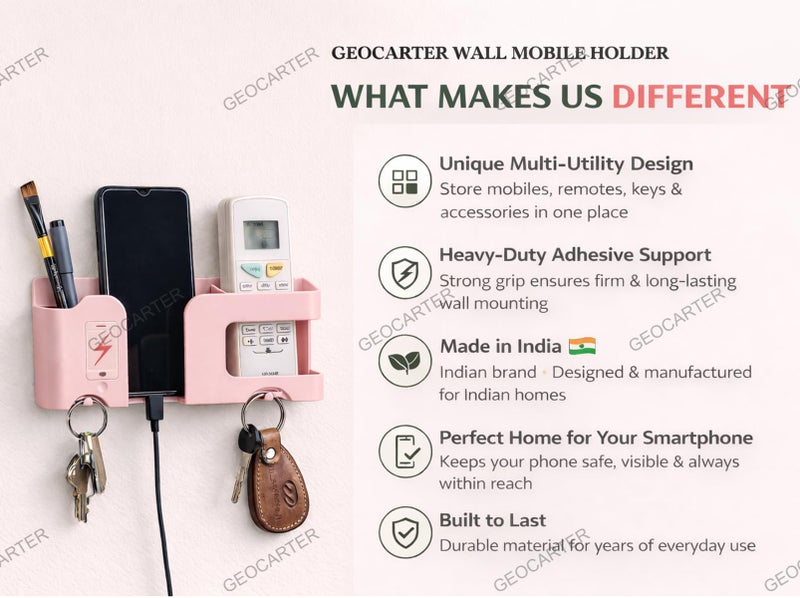 GEOCARTER Wall Mobile Holder | Multi-Purpose Mobile Stand for Wall | Remote Holder & Mobile Charging Stand | Phone Stand for Charging | Kitchen Organizer Rack Mounted | Useful Gadget-Green - Image 4