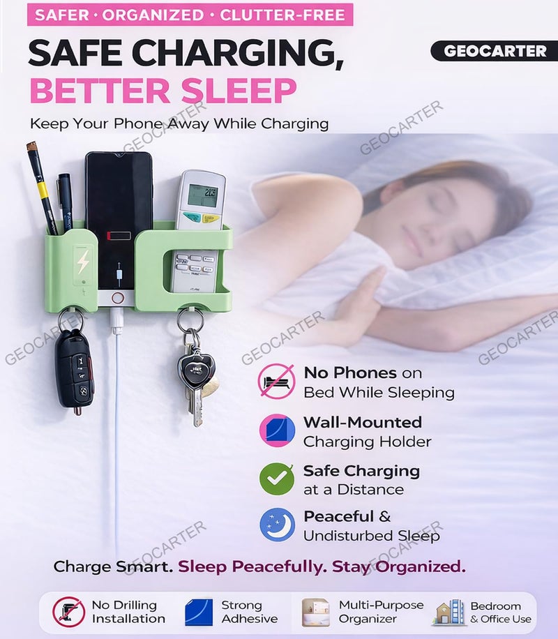 GEOCARTER Wall Mobile Holder | Multi-Purpose Mobile Stand for Wall | Remote Holder & Mobile Charging Stand | Phone Stand for Charging | Kitchen Organizer Rack Mounted | Useful Gadget-Green - Image 3