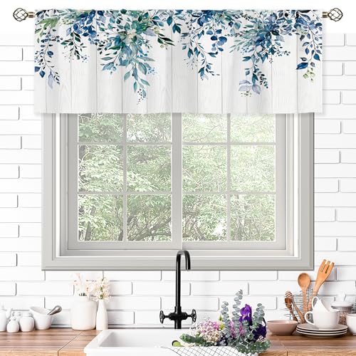 oolygoo Navy Blue Wooden Valances Kitchen Curtains Watercolor Flower Eucalyptus Botanical Leaves Window Drapes Floral Plants Bedroom Bathroom Living Room Treatment Tier 1 Panel 52Wx18H Inch - Image 3