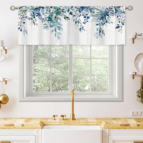 oolygoo Navy Blue Wooden Valances Kitchen Curtains Watercolor Flower Eucalyptus Botanical Leaves Window Drapes Floral Plants Bedroom Bathroom Living Room Treatment Tier 1 Panel 52Wx18H Inch - Image 1
