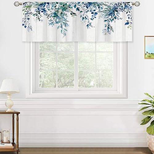 oolygoo Navy Blue Wooden Valances Kitchen Curtains Watercolor Flower Eucalyptus Botanical Leaves Window Drapes Floral Plants Bedroom Bathroom Living Room Treatment Tier 1 Panel 52Wx18H Inch - Image 4