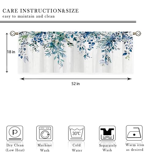 oolygoo Navy Blue Wooden Valances Kitchen Curtains Watercolor Flower Eucalyptus Botanical Leaves Window Drapes Floral Plants Bedroom Bathroom Living Room Treatment Tier 1 Panel 52Wx18H Inch - Image 2