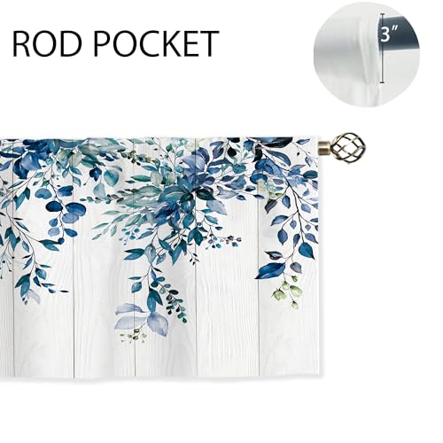 oolygoo Navy Blue Wooden Valances Kitchen Curtains Watercolor Flower Eucalyptus Botanical Leaves Window Drapes Floral Plants Bedroom Bathroom Living Room Treatment Tier 1 Panel 52Wx18H Inch - Image 5