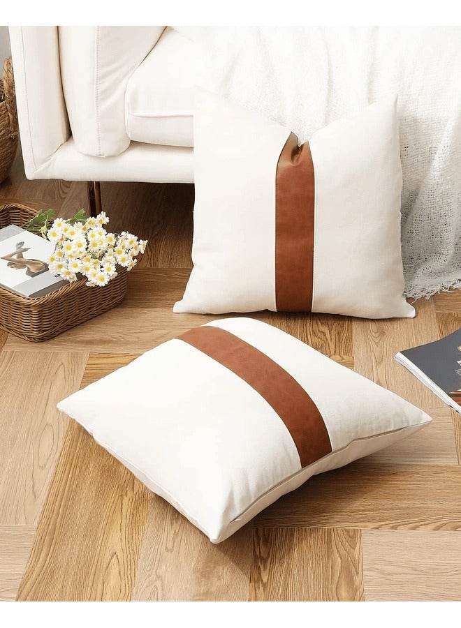 MAAC HOME MAAC Home Set of 2 Cushion Cover  Brown White PU Leather Sofa Cushion Premium Modern Minimalist Elegant design for Sofa Couch Bed Chair (Cushion Cover Only) - Image 1