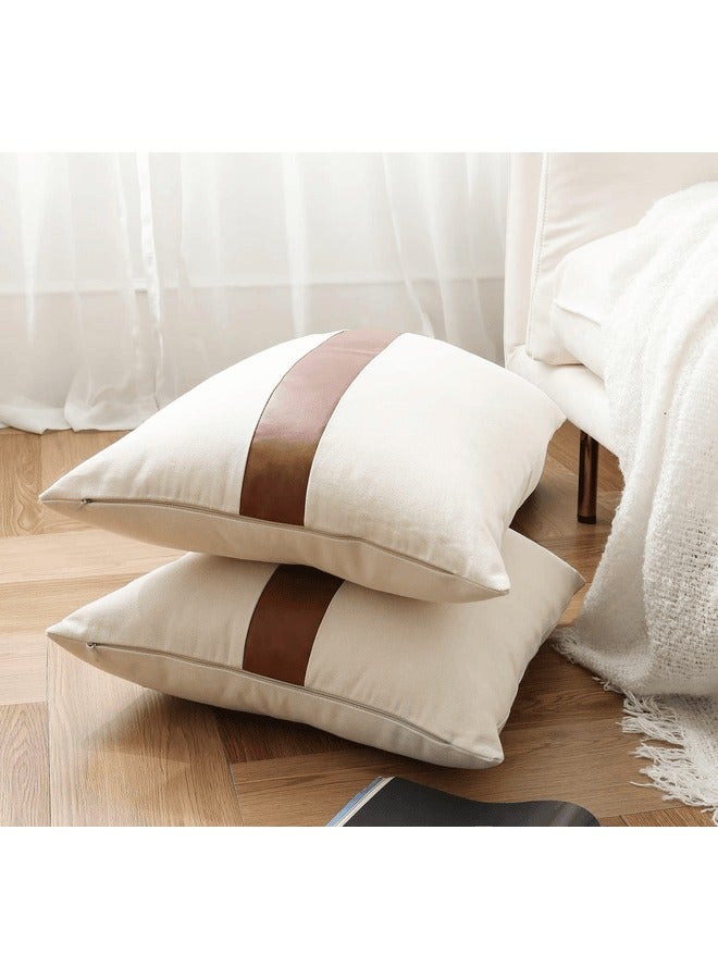 MAAC HOME MAAC Home Set of 2 Cushion Cover  Brown White PU Leather Sofa Cushion Premium Modern Minimalist Elegant design for Sofa Couch Bed Chair (Cushion Cover Only) - Image 2