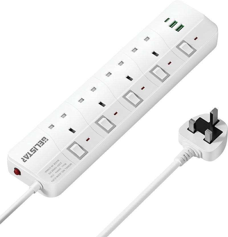Aroni 4 Outlet Power Strip with 2 USB Ports, 13A 3250W Extension Board, Individual Switches, 2M Pure Copper Cable, Flame Retardant, Home & Office | توصيلة كهرباء | مشترك كهربائي - Image 1