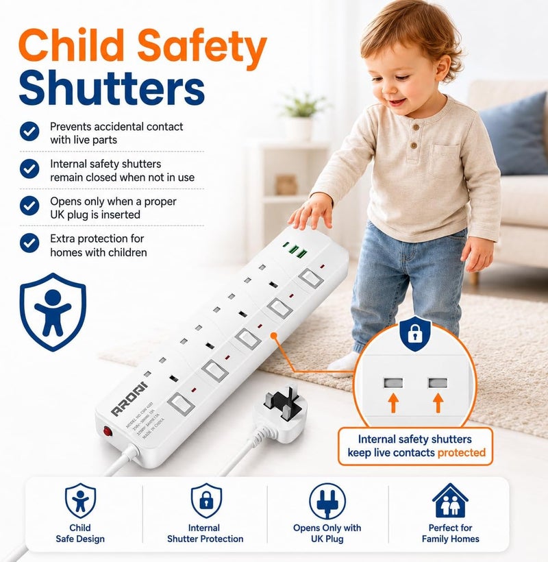 Aroni 4 Outlet Power Strip with 2 USB Ports, 13A 3250W Extension Board, Individual Switches, 2M Pure Copper Cable, Flame Retardant, Home & Office | توصيلة كهرباء | مشترك كهربائي - Image 3