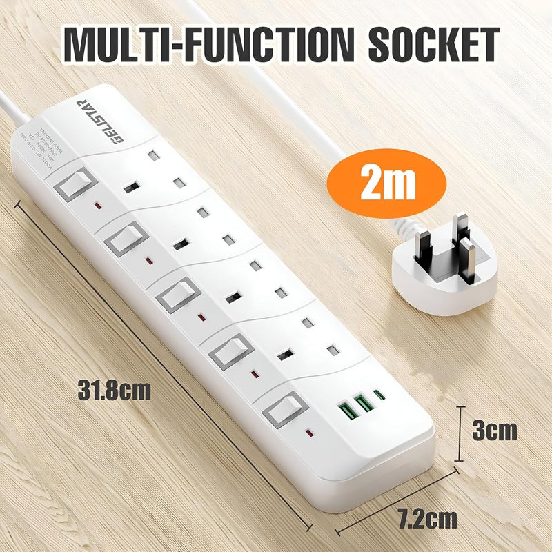 Aroni 4 Outlet Power Strip with 2 USB Ports, 13A 3250W Extension Board, Individual Switches, 2M Pure Copper Cable, Flame Retardant, Home & Office | توصيلة كهرباء | مشترك كهربائي - Image 5