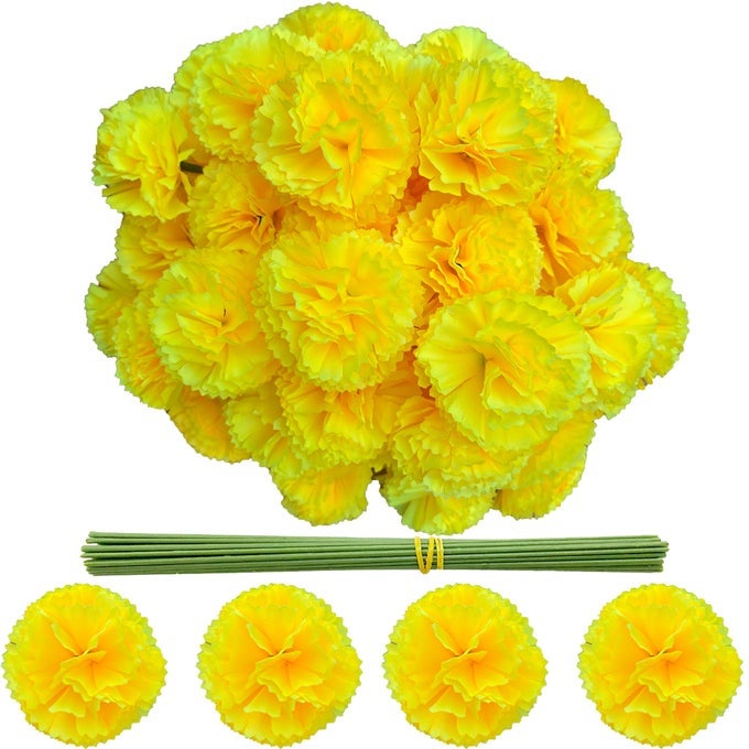 MARIGOLD FLOWER HEADS BULK 50PCS MARIGOLD ARTIFICIAL FLOWERS FOR DIWALI HOME DECOR DIY WREATH GARLAND CRAFT WEDDING PARTY DAY OF THE DEAD DECORATION HALLOWEEN DIA DE LOS MUERTOS DECORYELLOW
