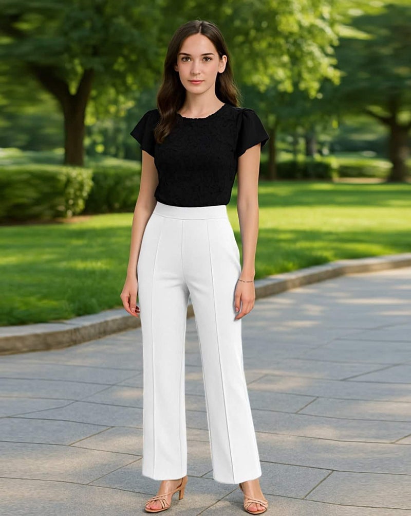SWADESI STUFF Women's Trendy High Waist Bell Bottom Pants – Stretchable Slim and Fit Flare Trousers for Workwear, Events & Everyday Style (in, Alpha, 2XL, Regular, Standard, White) - Image 5