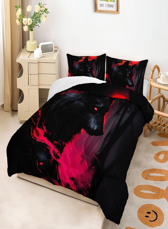 XYNHML Black Wolf Theme Comforter 3Pcs Twin Safari Wild Animal Hunting Wolf Pattern Bedding Set for Kid Teen Girl Boy Adult Watercolor Red Moon Forest Quilt Bed Decor with 1 Comforter & 2 Pillowcases - Image 4