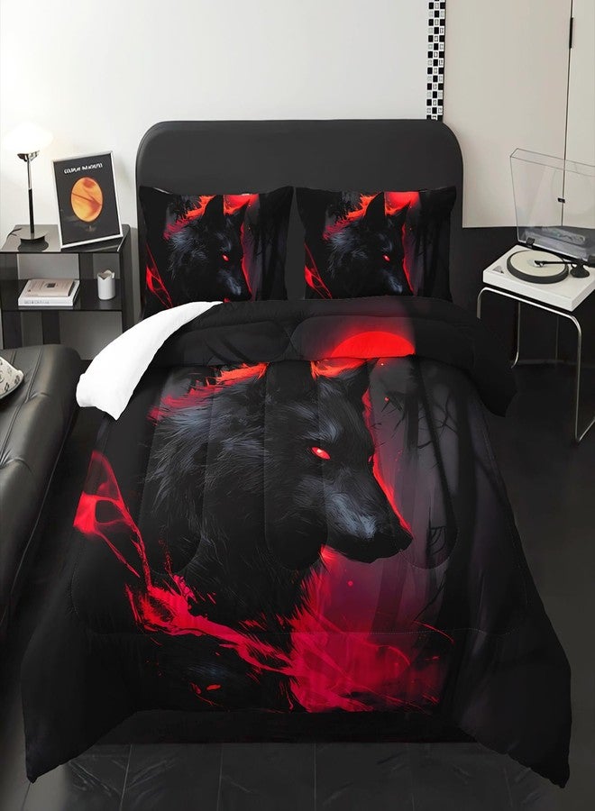 XYNHML Black Wolf Theme Comforter 3Pcs Twin Safari Wild Animal Hunting Wolf Pattern Bedding Set for Kid Teen Girl Boy Adult Watercolor Red Moon Forest Quilt Bed Decor with 1 Comforter & 2 Pillowcases - Image 1