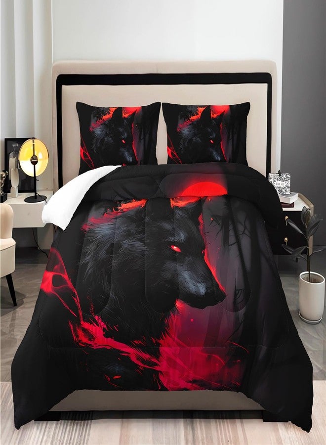 XYNHML Black Wolf Theme Comforter 3Pcs Twin Safari Wild Animal Hunting Wolf Pattern Bedding Set for Kid Teen Girl Boy Adult Watercolor Red Moon Forest Quilt Bed Decor with 1 Comforter & 2 Pillowcases - Image 3