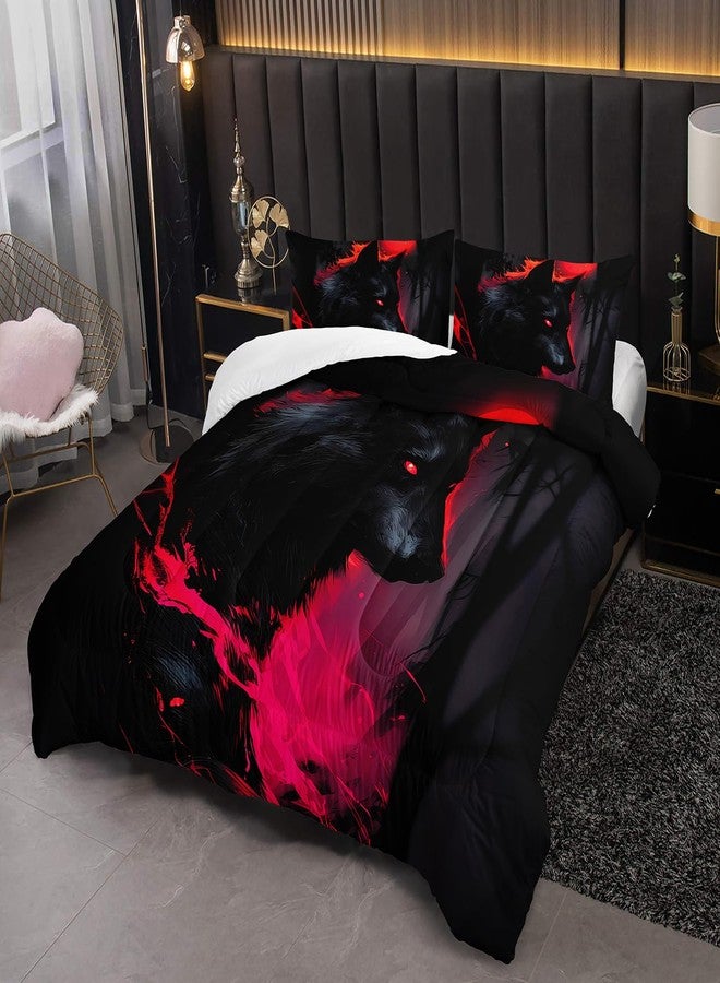 XYNHML Black Wolf Theme Comforter 3Pcs Twin Safari Wild Animal Hunting Wolf Pattern Bedding Set for Kid Teen Girl Boy Adult Watercolor Red Moon Forest Quilt Bed Decor with 1 Comforter & 2 Pillowcases - Image 2