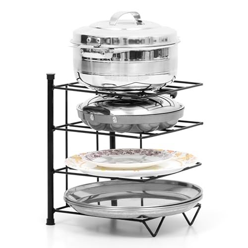 Livzing Pot Rack for Kitchen - 4 Tier Pan Organizer Stand - Tabletop Tawa Bartan Rack Holder Stand for Cooker Utensil Skillet Pan Griddle Shallow Pot Countertop Kitchen Storage Shelf Organizer,Metal - Image 1