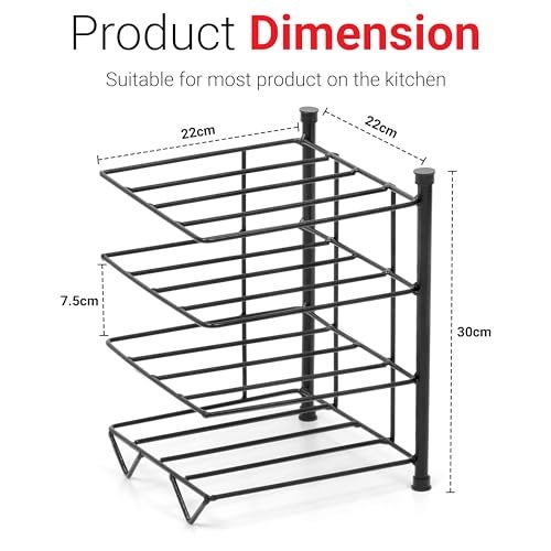 Livzing Pot Rack for Kitchen - 4 Tier Pan Organizer Stand - Tabletop Tawa Bartan Rack Holder Stand for Cooker Utensil Skillet Pan Griddle Shallow Pot Countertop Kitchen Storage Shelf Organizer,Metal - Image 3