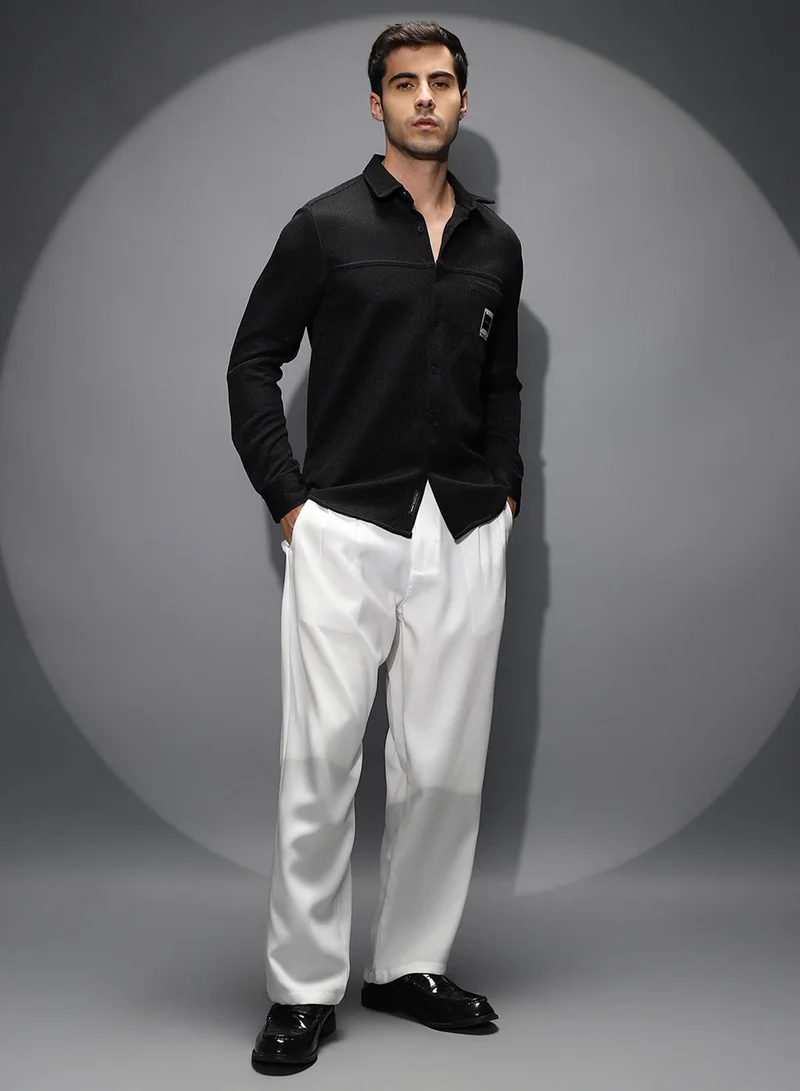 Campus Sutra Campus Sutra Men's Onyx Black Ribbed-Knit Utility Shirt For Casual Wear | Spread Collar | Long Regular Sleeves | Button Closure | Shirt Shirt Crafted With Comfort Fit For Everyday Wear