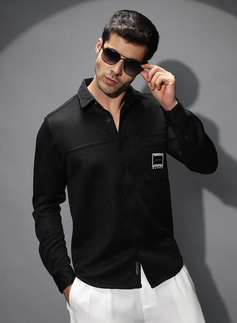 Campus Sutra Campus Sutra Men's Onyx Black Ribbed-Knit Utility Shirt For Casual Wear | Spread Collar | Long Regular Sleeves | Button Closure | Shirt Shirt Crafted With Comfort Fit For Everyday Wear