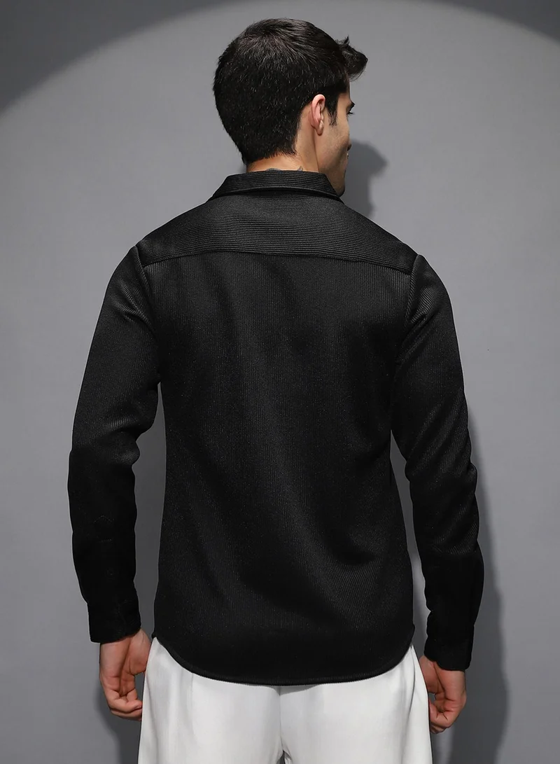 Campus Sutra Campus Sutra Men's Onyx Black Ribbed-Knit Utility Shirt For Casual Wear | Spread Collar | Long Regular Sleeves | Button Closure | Shirt Shirt Crafted With Comfort Fit For Everyday Wear
