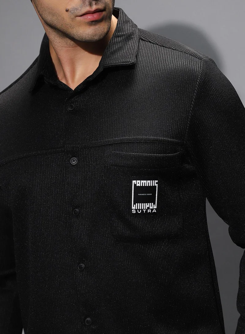 Campus Sutra Campus Sutra Men's Onyx Black Ribbed-Knit Utility Shirt For Casual Wear | Spread Collar | Long Regular Sleeves | Button Closure | Shirt Shirt Crafted With Comfort Fit For Everyday Wear