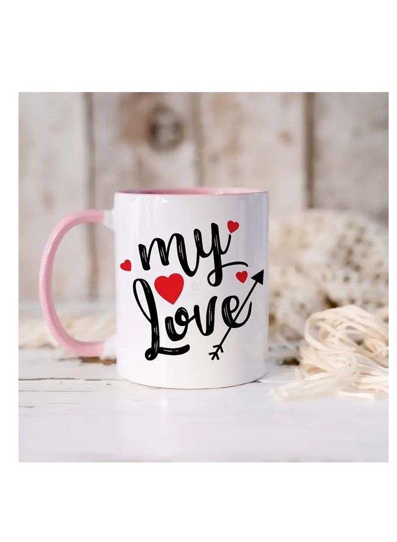 RYN® 1pc "My Love" White Ceramic Coffee Mug with Red Heart Design - Dishwasher Safe, Insulated Cup for Home & Travel - Ideal Gift for Valentine's Day, Birthdays, Christmas, Thanksgiving, Coffee Cup PINK - Image 1