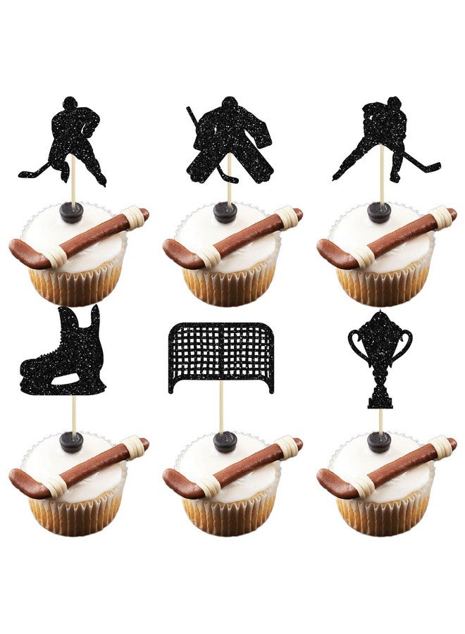 Ephlyn 24 قطعة من زينة كعك الهوكي مع لاعبي هوكي لامعين باللون الأسود، أعواد كعك لموضوع رياضة الهوكي على الجليد، زينة كعك لحفلات استقبال المواليد والأولاد والبنات وأعياد الميلاد. - Image 1