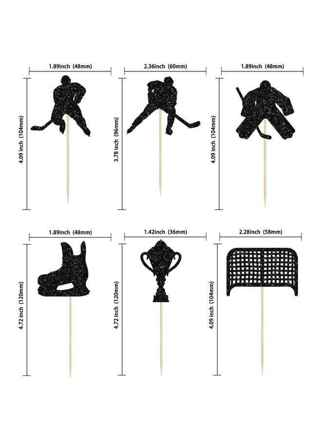 Ephlyn 24 قطعة من زينة كعك الهوكي مع لاعبي هوكي لامعين باللون الأسود، أعواد كعك لموضوع رياضة الهوكي على الجليد، زينة كعك لحفلات استقبال المواليد والأولاد والبنات وأعياد الميلاد. - Image 2