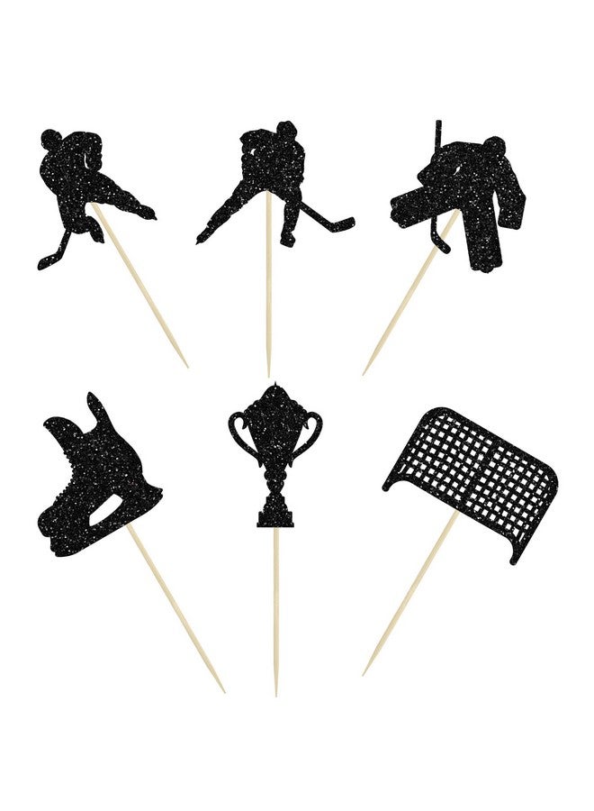 Ephlyn 24 قطعة من زينة كعك الهوكي مع لاعبي هوكي لامعين باللون الأسود، أعواد كعك لموضوع رياضة الهوكي على الجليد، زينة كعك لحفلات استقبال المواليد والأولاد والبنات وأعياد الميلاد. - Image 3