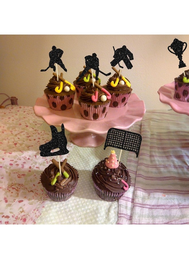 Ephlyn 24 قطعة من زينة كعك الهوكي مع لاعبي هوكي لامعين باللون الأسود، أعواد كعك لموضوع رياضة الهوكي على الجليد، زينة كعك لحفلات استقبال المواليد والأولاد والبنات وأعياد الميلاد. - Image 4