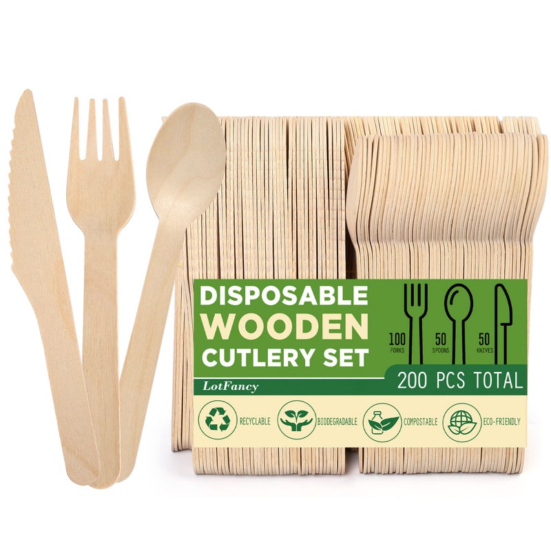 LotFancy Disposable Cutlery Set 200Pcs Wooden Compostable Utensils 100 Forks 50 Spoons 50 Knives EcoFriendly Forks And Spoons Silverware