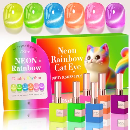 Double Rhythm Cat Eye Gel Nail Polish Set of 6 Same Color Same Bottle 05 Oz Shimmer Glitter with Magnet Holographic Reflective Magnetic UV Polish Kit at Home Neon Orange Red Blue GreenT634 - Image 1
