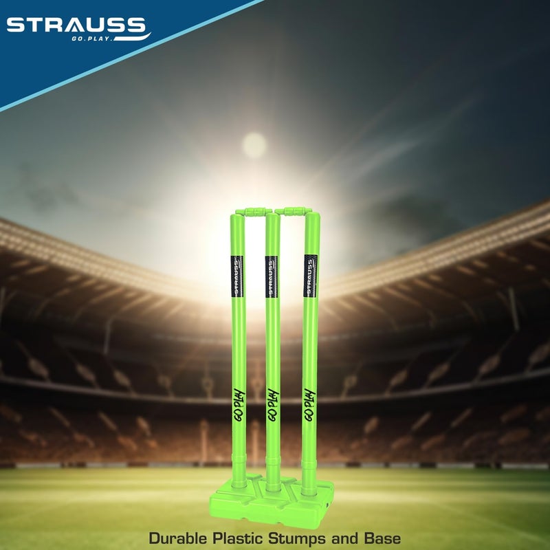 STRAUSS مجموعة كريكيت كومبو | مجموعة كريكيت بلاستيكية / PVC | حجم كامل | 1 مضرب + 1 كرة + 3 دعامات + 2 بيلز + 1 قاعدة | اللون: أصفر فوسفوري | لجميع الفئات العمرية | مجموعة كريكيت كرة تنس واصطناعية - Image 5