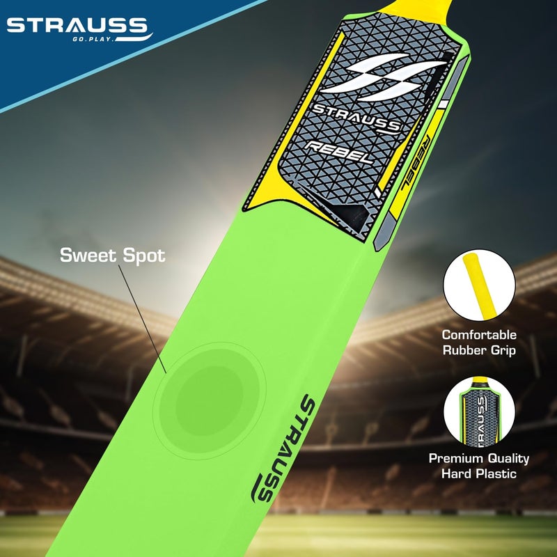 STRAUSS مجموعة كريكيت كومبو | مجموعة كريكيت بلاستيكية / PVC | حجم كامل | 1 مضرب + 1 كرة + 3 دعامات + 2 بيلز + 1 قاعدة | اللون: أصفر فوسفوري | لجميع الفئات العمرية | مجموعة كريكيت كرة تنس واصطناعية - Image 3