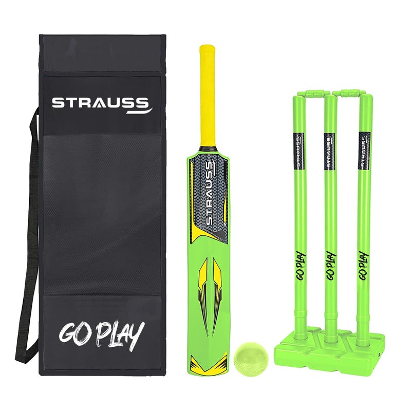 STRAUSS مجموعة كريكيت كومبو | مجموعة كريكيت بلاستيكية / PVC | حجم كامل | 1 مضرب + 1 كرة + 3 دعامات + 2 بيلز + 1 قاعدة | اللون: أصفر فوسفوري | لجميع الفئات العمرية | مجموعة كريكيت كرة تنس واصطناعية - Image 1