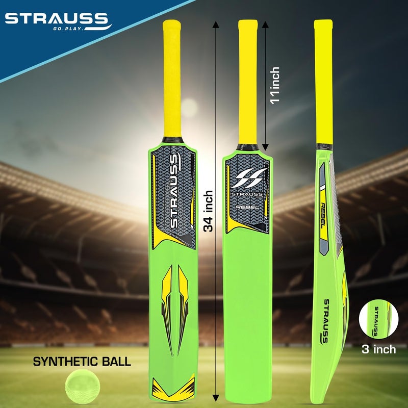 STRAUSS مجموعة كريكيت كومبو | مجموعة كريكيت بلاستيكية / PVC | حجم كامل | 1 مضرب + 1 كرة + 3 دعامات + 2 بيلز + 1 قاعدة | اللون: أصفر فوسفوري | لجميع الفئات العمرية | مجموعة كريكيت كرة تنس واصطناعية - Image 2