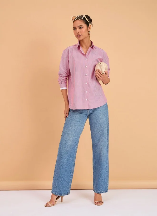 SASSAFRAS Fuchsia & White Striped Casual Shirt for Women