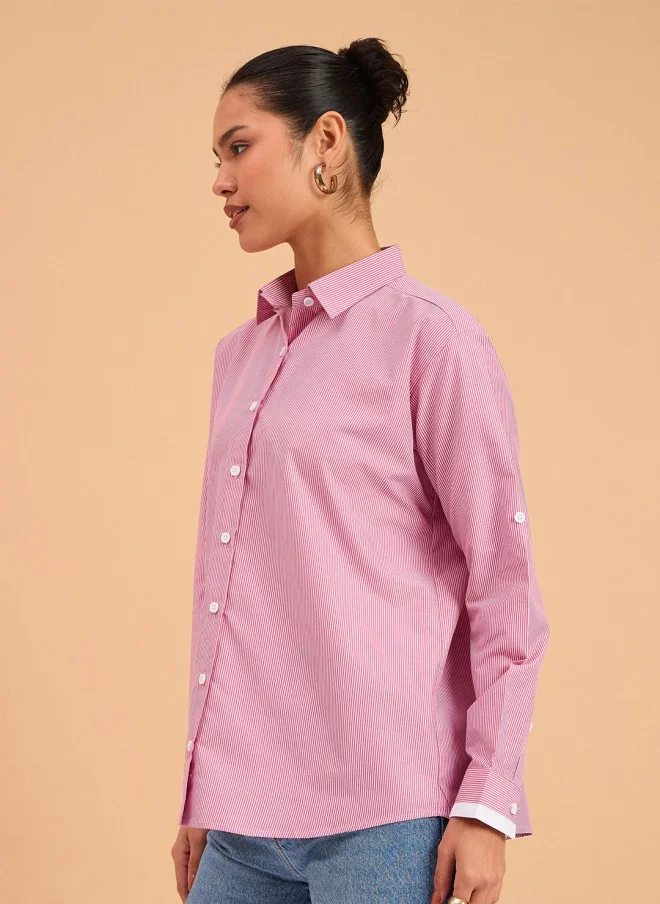 SASSAFRAS Fuchsia & White Striped Casual Shirt for Women