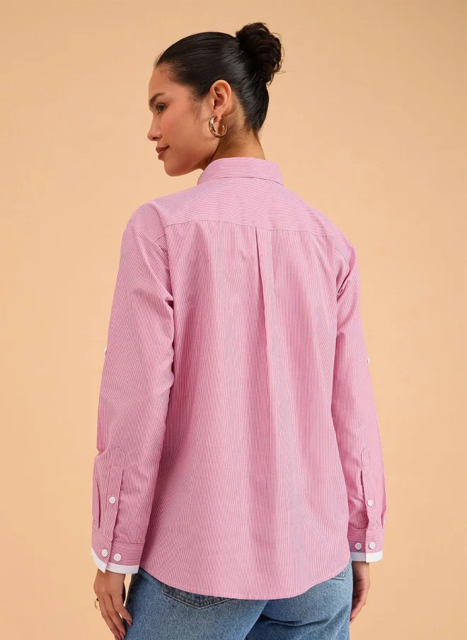SASSAFRAS Fuchsia & White Striped Casual Shirt for Women