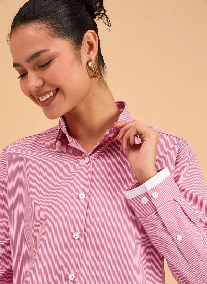 SASSAFRAS Fuchsia & White Striped Casual Shirt for Women
