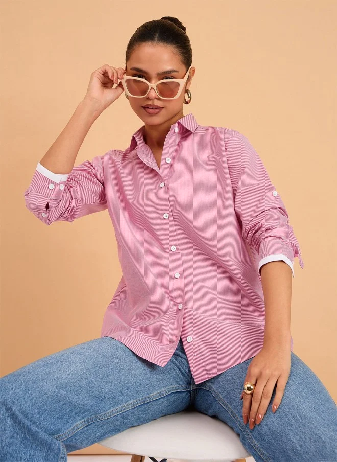 SASSAFRAS Fuchsia & White Striped Casual Shirt for Women