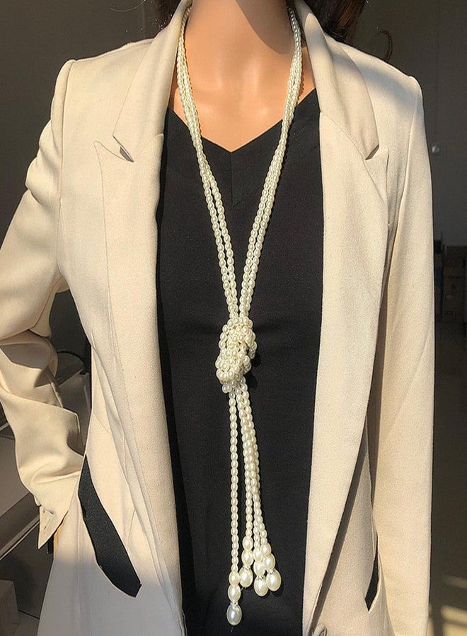 Aiosy Pearl Necklace Long Pearls Strand Y Necklaces Layered Knot Neck Tie Necklace Trendy Necktie Costume Jewelry White Beaded Necklaces for women - Image 3