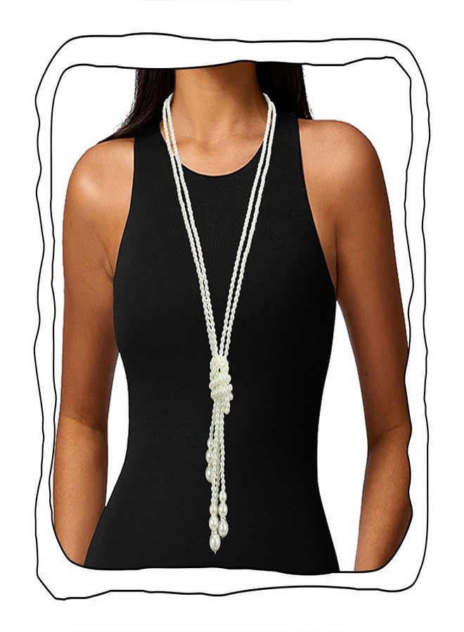 Aiosy Pearl Necklace Long Pearls Strand Y Necklaces Layered Knot Neck Tie Necklace Trendy Necktie Costume Jewelry White Beaded Necklaces for women - Image 1